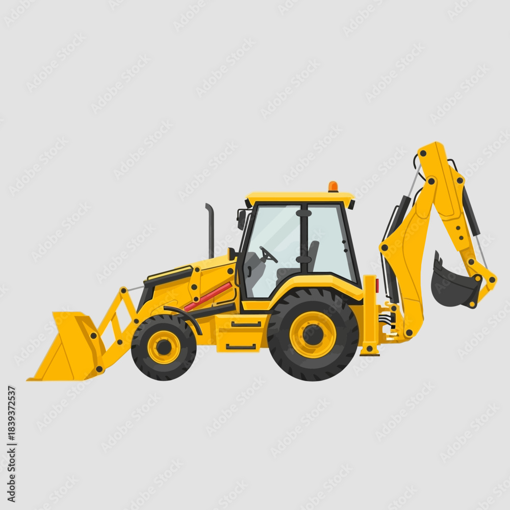 Fototapeta premium Detailed illustration of a yellow backhoe loader, ready for construction work or industrial