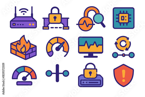 Cyber Security Icons. Cyber-Resilient Industrial Systems flat set: hardened gateway hub, encrypted control path, anomaly detection arc, identity token chip, multi-layer firewall