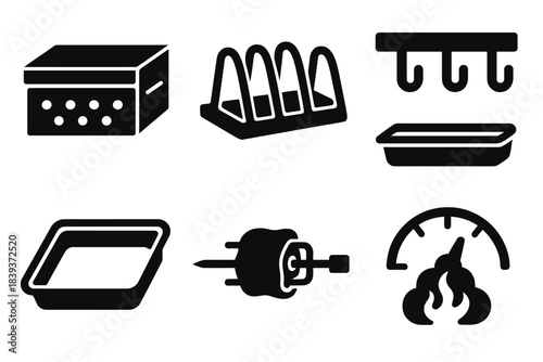 Barbecue Tools Icons. Barbecue Cooking Tools silhouette set: smoker box, rib rack, utensil hook, drip pan, rotating skewer, smoke level meter.