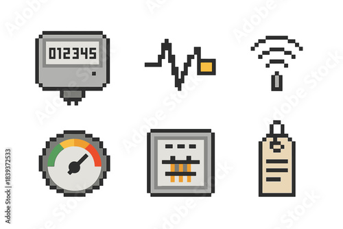Smart Meter Icons. Smart Metering Devices set of icons in flat pixel vector style: digital meter screen, data pulse icon, wireless signal, usage gauge, circuit panel, reading tag.