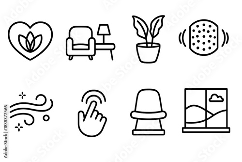 Wellness Icons. Wellbeing-Centered Spaces Set linear set: wellness heart, peaceful nook, biophilic plant, balanced acoustics icon, gentle air flow, sensory comfort symbol, mindful