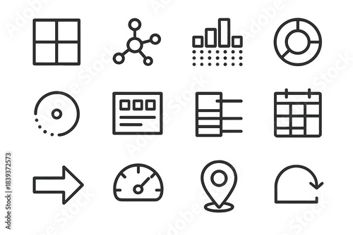 Planning Icons Grid. Evidence-Based Planning Models linear set: metric tile, projection node, data pattern bar, scenario ring, predictive cue dot, KPI panel, resource plan stripe,