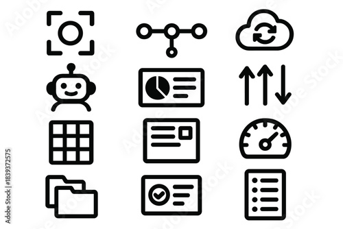 Smart Work Icon Set. Smart Work Tools Set silhouette set: focus mode symbol, project timeline, sync cloud, digital assistant icon, clean dashboard, priority arrows, shortcuts grid,