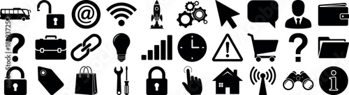 Collection of black communication and technology icons in silhouette