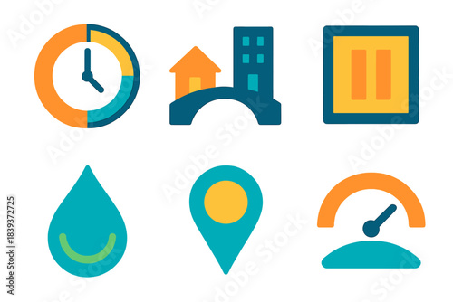 Daily Rhythm Icons. Integrated Daily Rhythm flat set: time-block ring, home–work bridge icon, pause window tile, rejuvenation droplet, clarity marker, rhythm meter.
