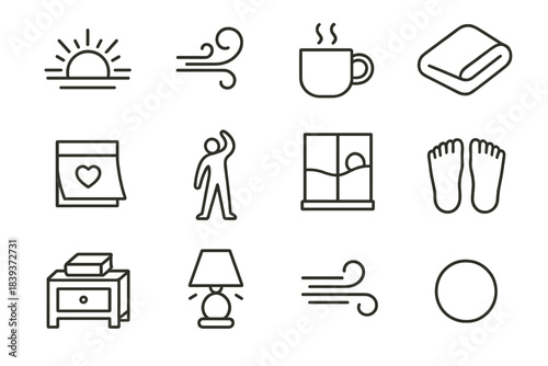 Serene Morning Icons. Calm Morning Foundations linear set: soft sunrise icon, gentle breath swirl, warm mug, cozy blanket fold, intention note, slow stretch silhouette, peaceful