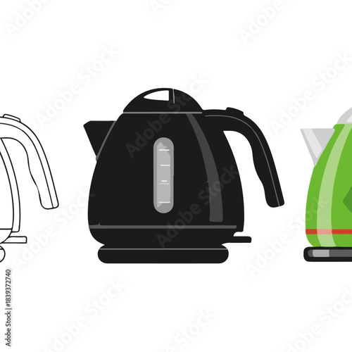 Set of electric kettles, various styles and colors, household kitchen appliances for boiling water