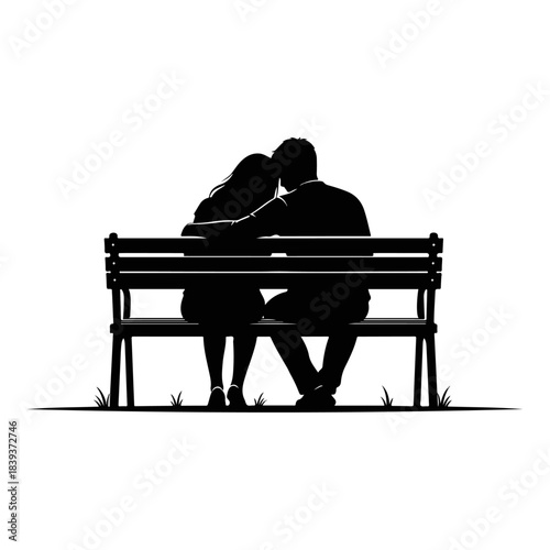 Silhouette of loving couple embracing on a park bench, romantic black and white vector illustration.