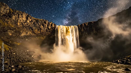 Waterfall Flowing Under Starry Night Sky Long Exposure