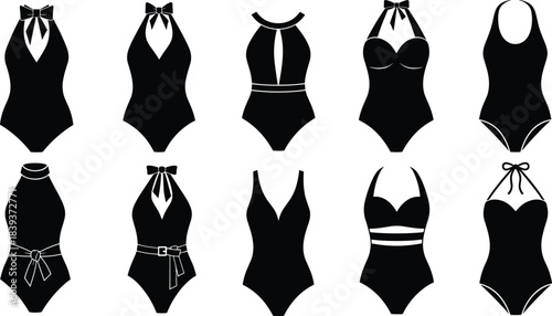 Black Silhouette Vector Set of Various One-Piece Swimsuits, Monokini, Bathing Suit, Fashion Beach Wear, Summer Holiday, Swimwear Collection.