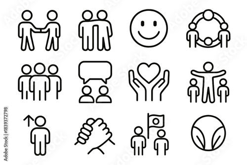 Icons of Social Harmony. Social Harmony Set linear set: warm greeting, caring gesture, shared smile icon, unity circle, group collaboration, open dialogue bubble, compassion heart,
