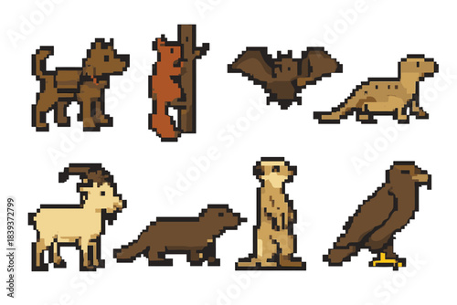 Adventure Animal Icons. Exploring companion animals set of icons in flat pixel vector style: trail-savvy dog, climbing squirrel, gliding bat, desert lizard, mountain goat, river