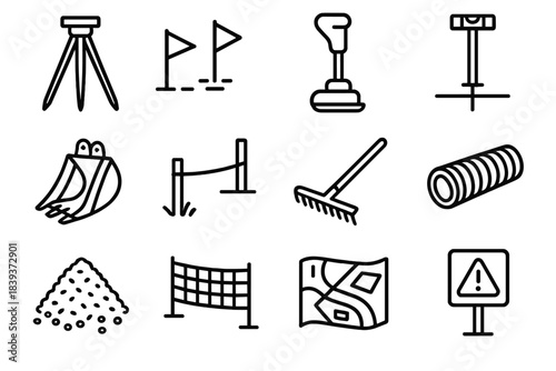 Construction Site Tools. Site Preparation Elements linear set: survey tripod, site marker flags, soil compaction tool, ground level gauge, excavation bucket, stake and string line,