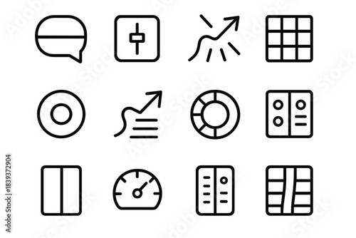 Sensory Perception Icons. Adaptive Sensitivity Patterns linear set: perception shift bubble, threshold adjustment bar, response modulation tile, cue intensity dot, sensory drift