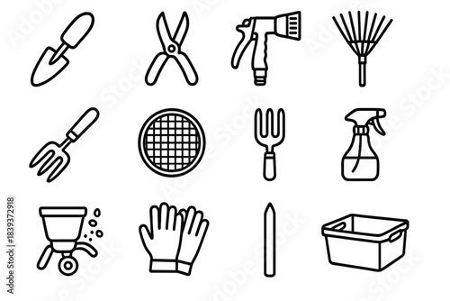 Garden Tools Icons. Community Garden Set linear set: digging trowel, snips, hose nozzle, leaf rake, cultivator, soil sifter, transplant fork, mist sprayer, seed broadcaster, glove