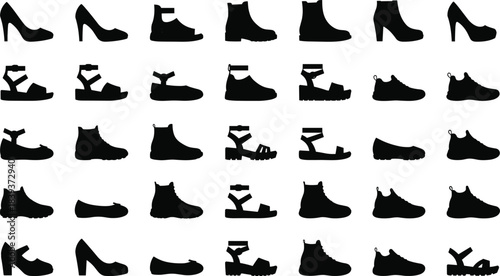 Women's fashion footwear silhouette vector set, including high heels, sandals, boots, flats, wedges, sneakers, for design, stock, print, and logo, on white background, black. (24 words)