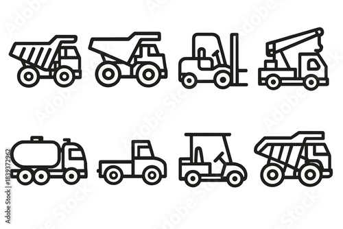 Heavy Transport Icons. Heavy transport elements linear set: dump truck, haul truck, forklift, crane truck, tanker vehicle, tow tractor, shuttle cart, material hauler.