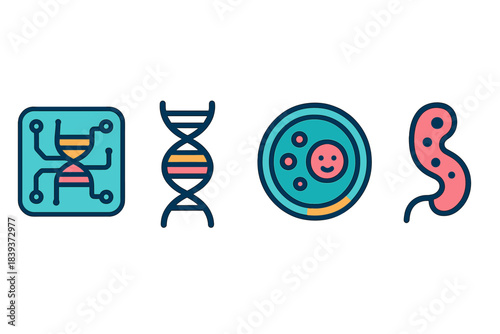 Synthetic Biology Icons. Synthetic Biology Workflow flat set: bio-circuit panel, adaptive-pathway strip, engineered-cell coil.