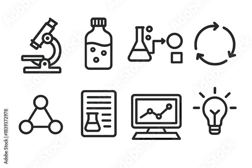 Research Lab Icons. Research Lab Systems linear set: microscope, reagent bottle, experiment diagram, workflow loop, data nodes, study sheet, lab computer, insight spark.