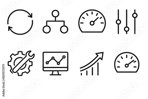 Tech Efficiency Icons. Optimization & Efficiency Models linear set: compute cycle loop, load balancer symbol, response time dial, concurrency lanes, performance tuning gear,