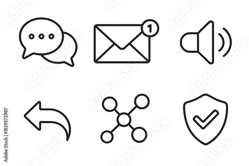 Communication Icons Set. Instant communication elements linear set: active dialogue bubble, message stream, real-time alert, voice icon, reply arrow, interaction node, support