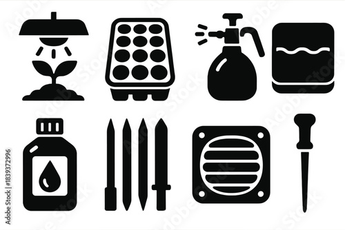 Brutalist Indoor Garden Icons. Indoor garden essentials silhouette set: grow lamp tile, plug tray, mist sprayer, capillary mat, nutrient solution jar, stake set, airflow vent, soil