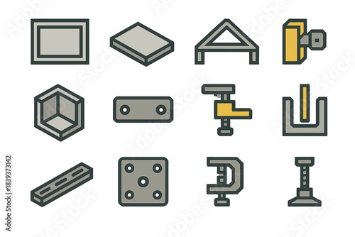 Modular Parts Icons. Modular Assembly Parts set of icons in flat pixel vector style: prefab wall panel, floor slab, roof truss, joint lock piece, corner module, frame connector,