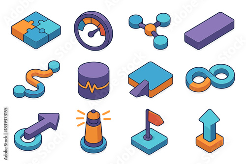 Isometric Resilience Icons. Operational Resilience Models flat isometric set: failure-resist tile, tolerance band gauge, redundant link node, process safeguard bar, adaptive route