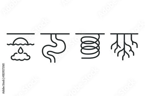 Subsurface Contamination Icons. Subsurface Contamination Webs linear set: underground leak bead, pollutant-flow channel, buried hazard coil.