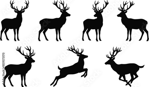 Collection of Majestic Wild Deer Silhouettes Vector Art Set, Including Stag, Buck, and Reindeer in Various Poses for Nature, Christmas, and Hunting Designs.