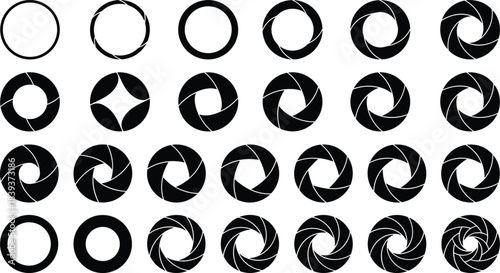 Comprehensive Vector Set of Camera Lens Apertures and Iris Diaphragms with Multiple Blade Counts and Varying F-Stop Openings, Illustrating Photography Shutter Mechanisms.