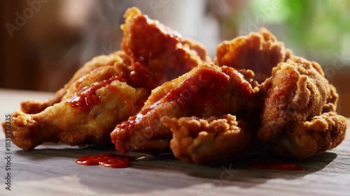 A mouth-watering close-up of crispy, golden-brown fried chicken drumsticks and wings stacked on a wooden board, chilli hot sauce drizzling over them