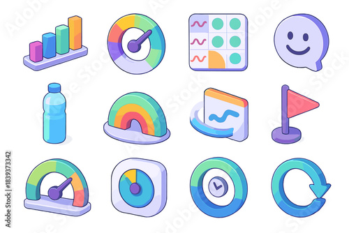 Colorful Health Tracker Icons. Personal Health Tracking Systems flat isometric set: symptom timeline bar, severity dial, pattern-recognition tile, mood log bubble, hydration