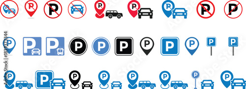 parking and no parking icon set. Vehicle traffic symbols. Parking restriction symbol. Road rule and prohibition signs
