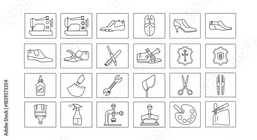 Shoemaker tools and equipment icons set isolated on collection of linear icons for shoe repair shop or shoemaking workshop