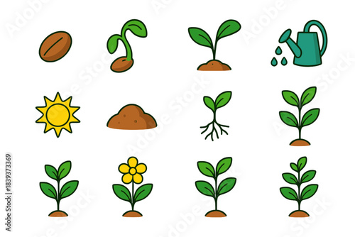 Seed-to-Plant Icons. Seed-to-Plant Journey isometric flat set: seed, sprouting seed, young shoot, watering can, sun rays, soil mound, small roots, growing stem, first leaves,