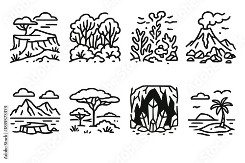Worldspaces Icon Exploration. Expedition Worldspaces linear set: windswept plateau, dense thicket, coral shallows, volcanic field, polar shelf, savanna plain, crystal cavern,