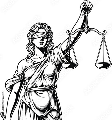 Detailed Engraving Style Vector Illustration of Lady Justice, Blindfolded Woman Holding Scales, Law, Court, Judgement, Equity, Fair.