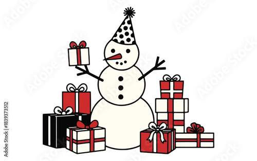 Charming Snowman with Gift Boxes, Christmas Celebration Illustration