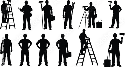 Silhouettes of workers performing painting and maintenance tasks with tools, ladders, and equipment in varied occupational poses
