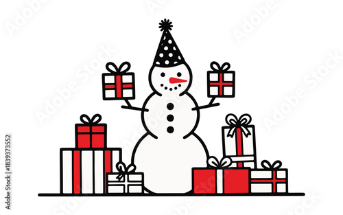Cheerful minimalist snowman illustration with a festive hat and stacked holiday gifts