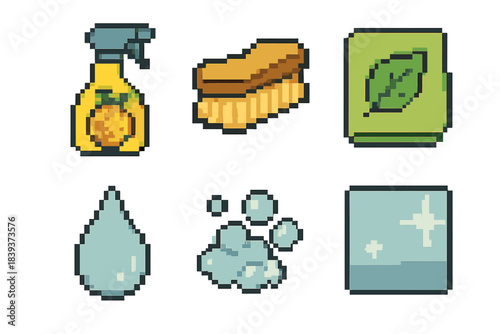 Eco-Friendly Cleaning Icons. Eco-Safe Surface Cleaning pixel style set: citrus cleaner, soft bristle brush, biodegradable cloth, purified water drop, gentle foam, polished surface.