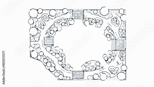 Hand Drawn Architectural Landscape Design Site Plan View Sketch Illustration