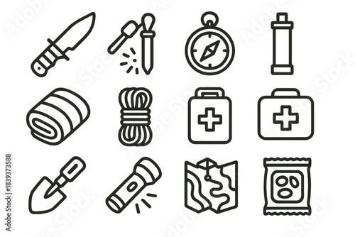 Essential Wilderness Tools. Core Wilderness Tools linear set: survival knife, spark striker, orientation compass, clean-water straw, insulated wrap, cord line, reflective mirror,