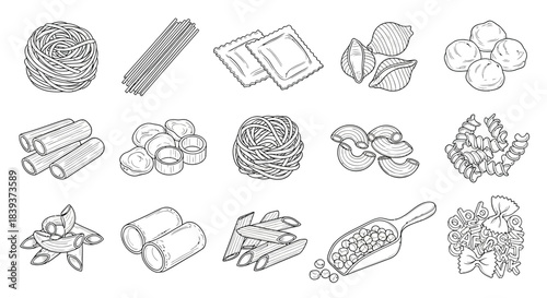 Different types of pasta icons set isolated on collection of linear icons for italian cuisine or pasta restaurant menu