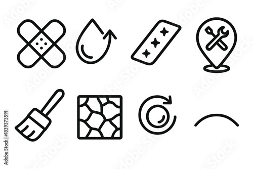 Restoration Icons. Restorative Elements linear set: gentle repair pad, renewal droplet, resurfacing strip, fixed joint marker, restoration brush, restored texture tile, repair bead