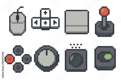 Pixel Art Input Icons. Hardware Input Mechanisms pixel style set: mouse device, keyboard keys, trackpad icon, joystick, game controller buttons, rotary knob, pressure sensor,