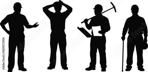 Silhouettes of construction workers in diverse poses with tools and helmets, representing labor roles, teamwork, and industrial activity