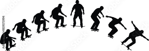Silhouettes of skateboarder performing ollie trick in motion sequence, illustrating dynamic movement and skateboarding technique