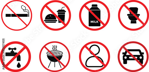 Prohibited icons collection. ban symbols. no smoke, no fast food, no milk, no parking, no cook, no car, no entry, no water tap icons collection